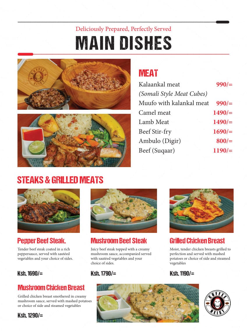 Main Dishes menu page