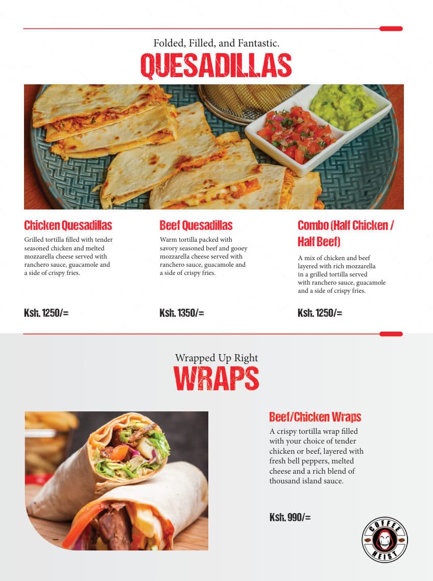 Quesadillas menu page