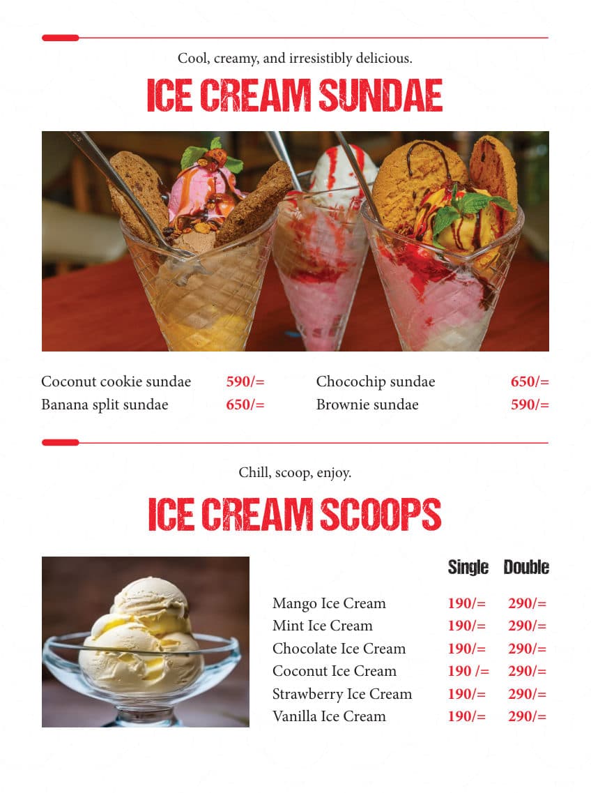 Ice Cream Sundae menu page